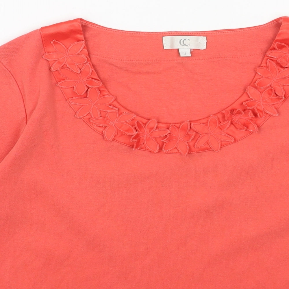 CC Womens Orange Cotton Basic T-Shirt Size S Round Neck - Flower Detail