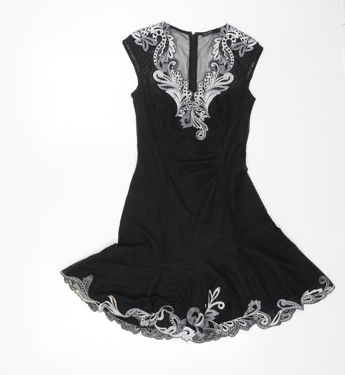 Karen Millen Womens Black Geometric Polyester Trapeze & Swing Size 8 V-Neck Zip