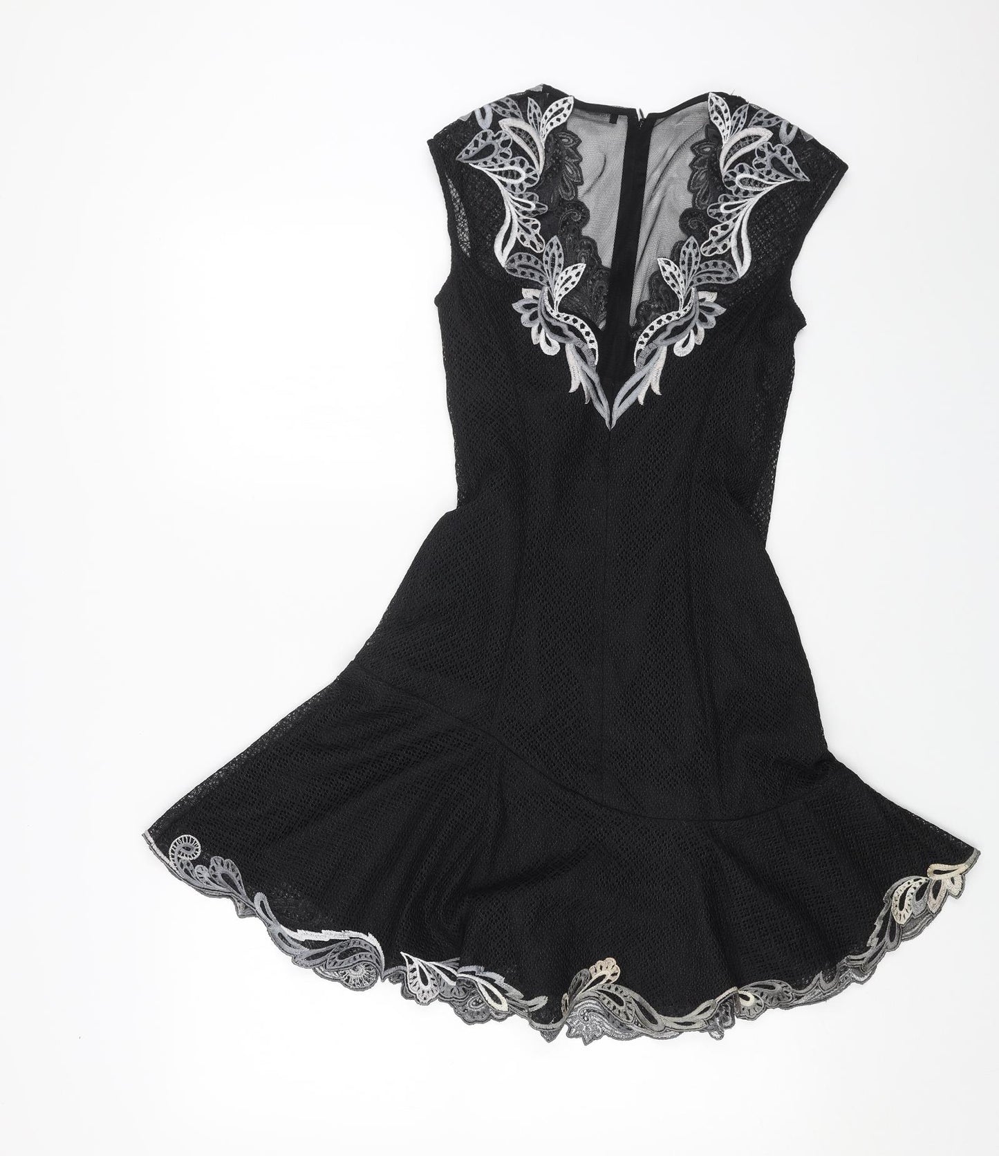 Karen Millen Womens Black Geometric Polyester Trapeze & Swing Size 8 V-Neck Zip