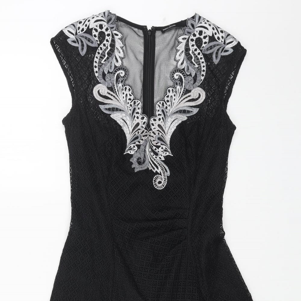 Karen Millen Womens Black Geometric Polyester Trapeze & Swing Size 8 V-Neck Zip