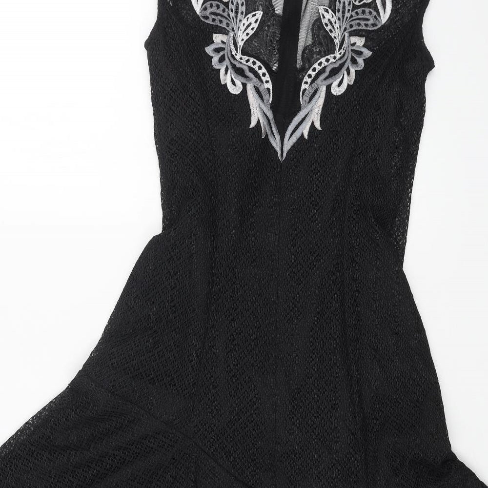 Karen Millen Womens Black Geometric Polyester Trapeze & Swing Size 8 V-Neck Zip