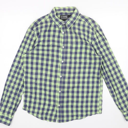 Denim & Co. Womens Green Geometric Cotton Basic Button-Up Size M V-Neck