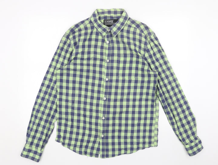 Denim & Co. Womens Green Geometric Cotton Basic Button-Up Size M V-Neck