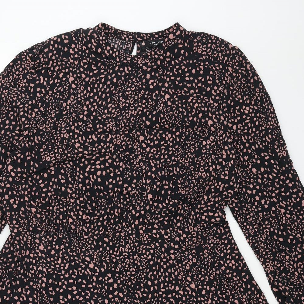 New Look Womens Black Geometric Viscose Fit & Flare Size 16 Mock Neck Button