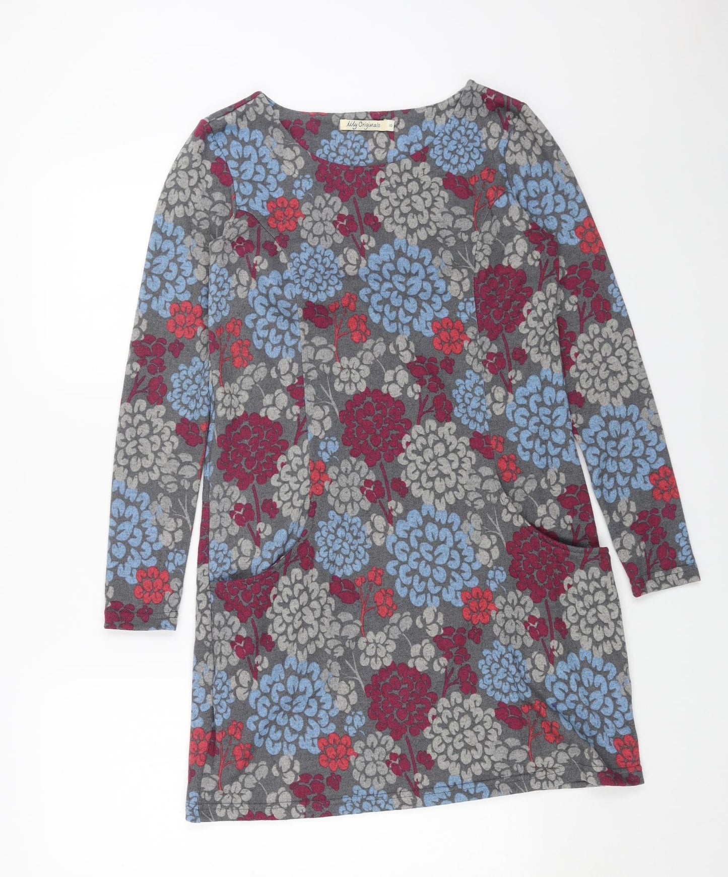 Lily Womens Grey Floral Polyester Shift Size 10 Round Neck Pullover