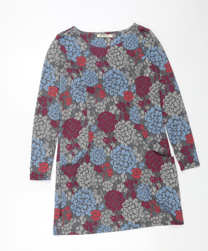 Lily Womens Grey Floral Polyester Shift Size 10 Round Neck Pullover
