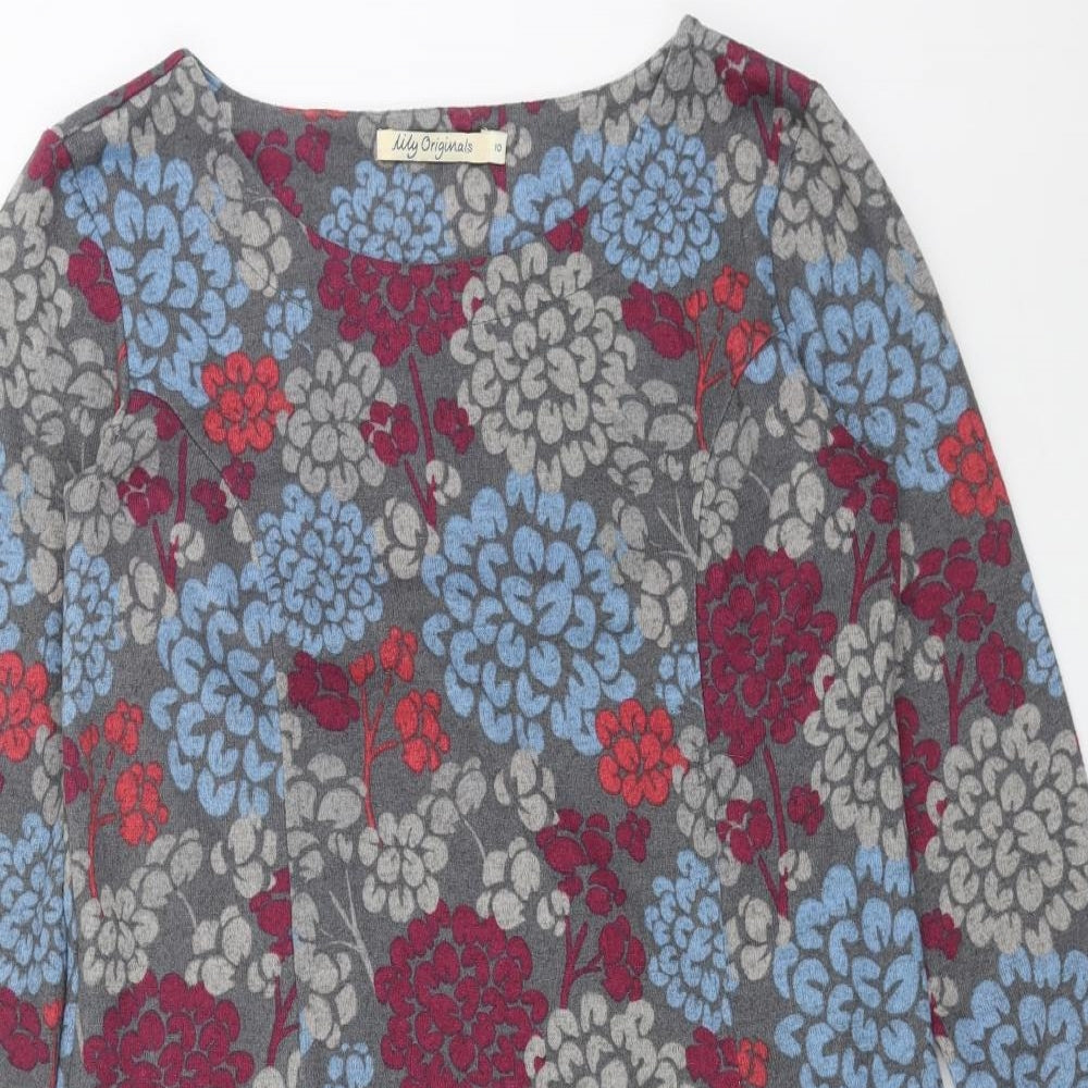 Lily Womens Grey Floral Polyester Shift Size 10 Round Neck Pullover