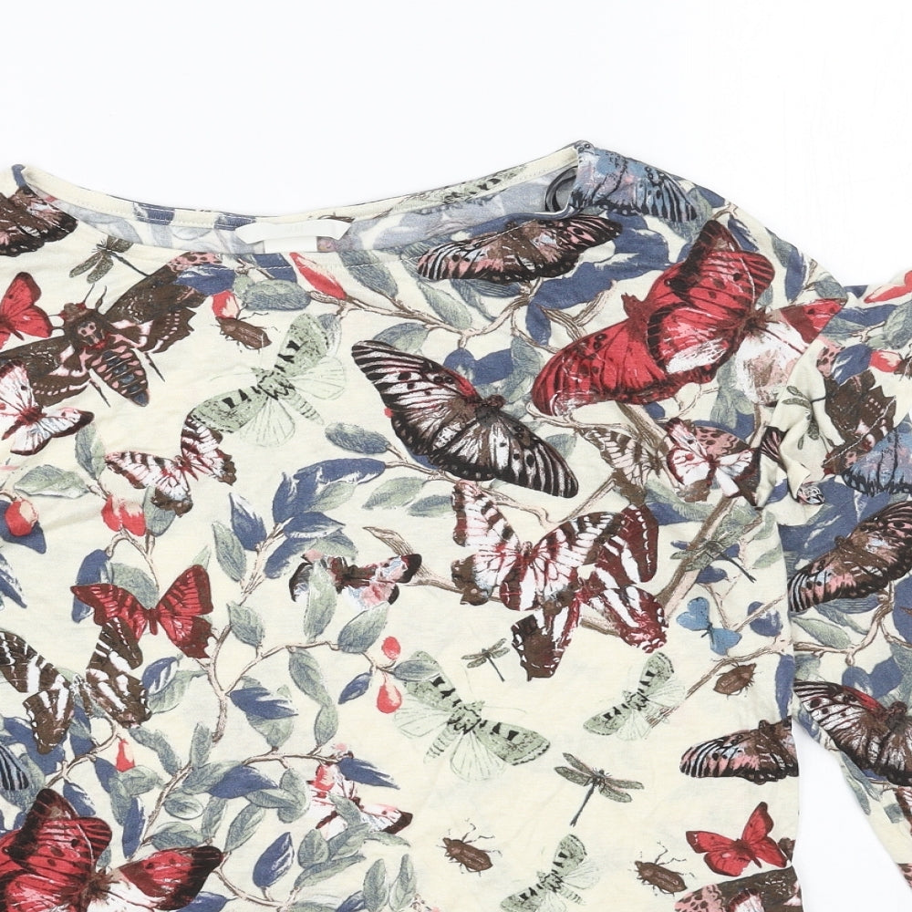H&M Womens Beige Geometric Viscose Basic T-Shirt Size S Round Neck - Butterfly Print
