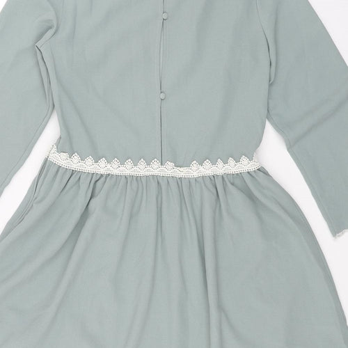 H&M Womens Green Geometric Polyester Fit & Flare Size 8 Round Neck Button