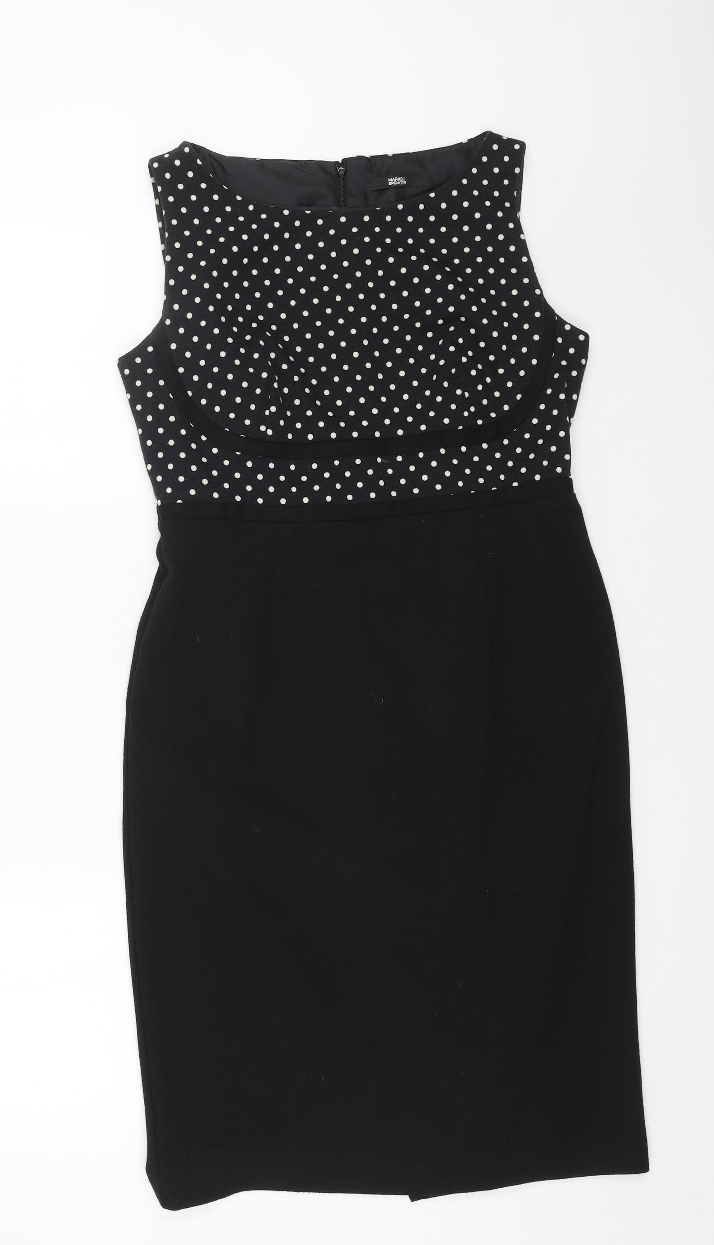 Marks and Spencer Womens Black Polka Dot Polyester A-Line Size 12 Boat Neck Zip