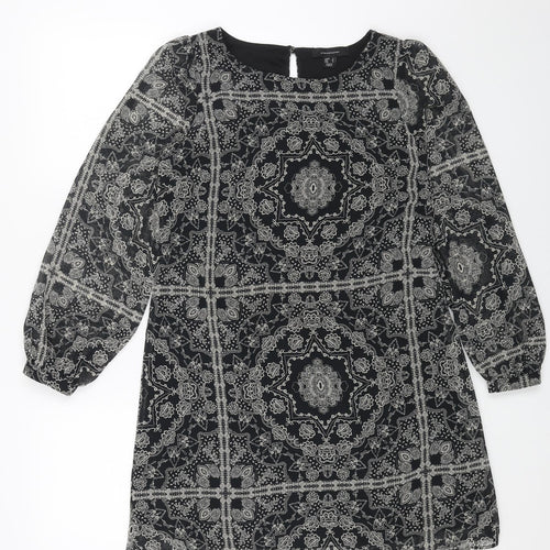 Primark Womens Black Geometric Polyester A-Line Size 8 Round Neck Button