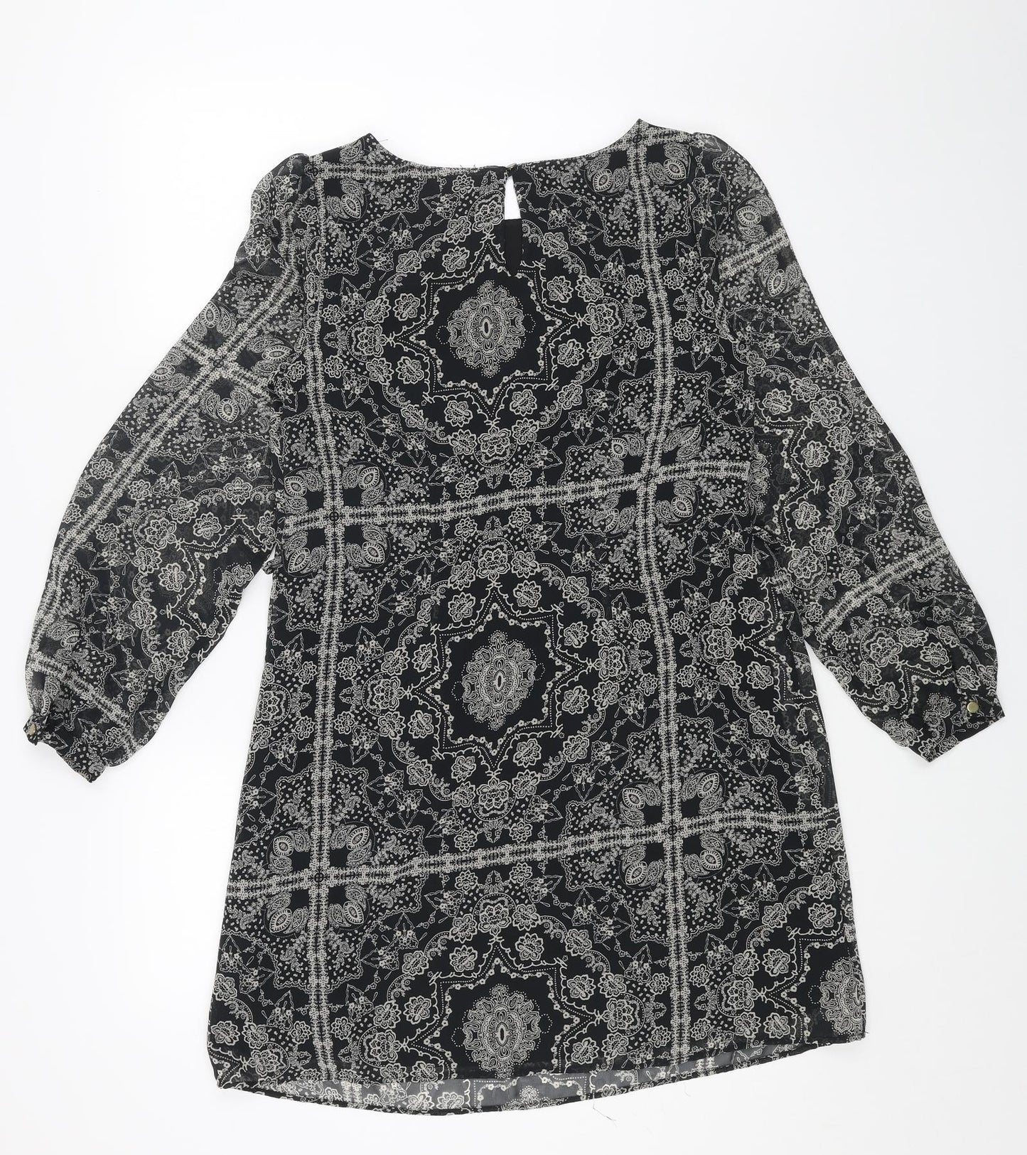 Primark Womens Black Geometric Polyester A-Line Size 8 Round Neck Button