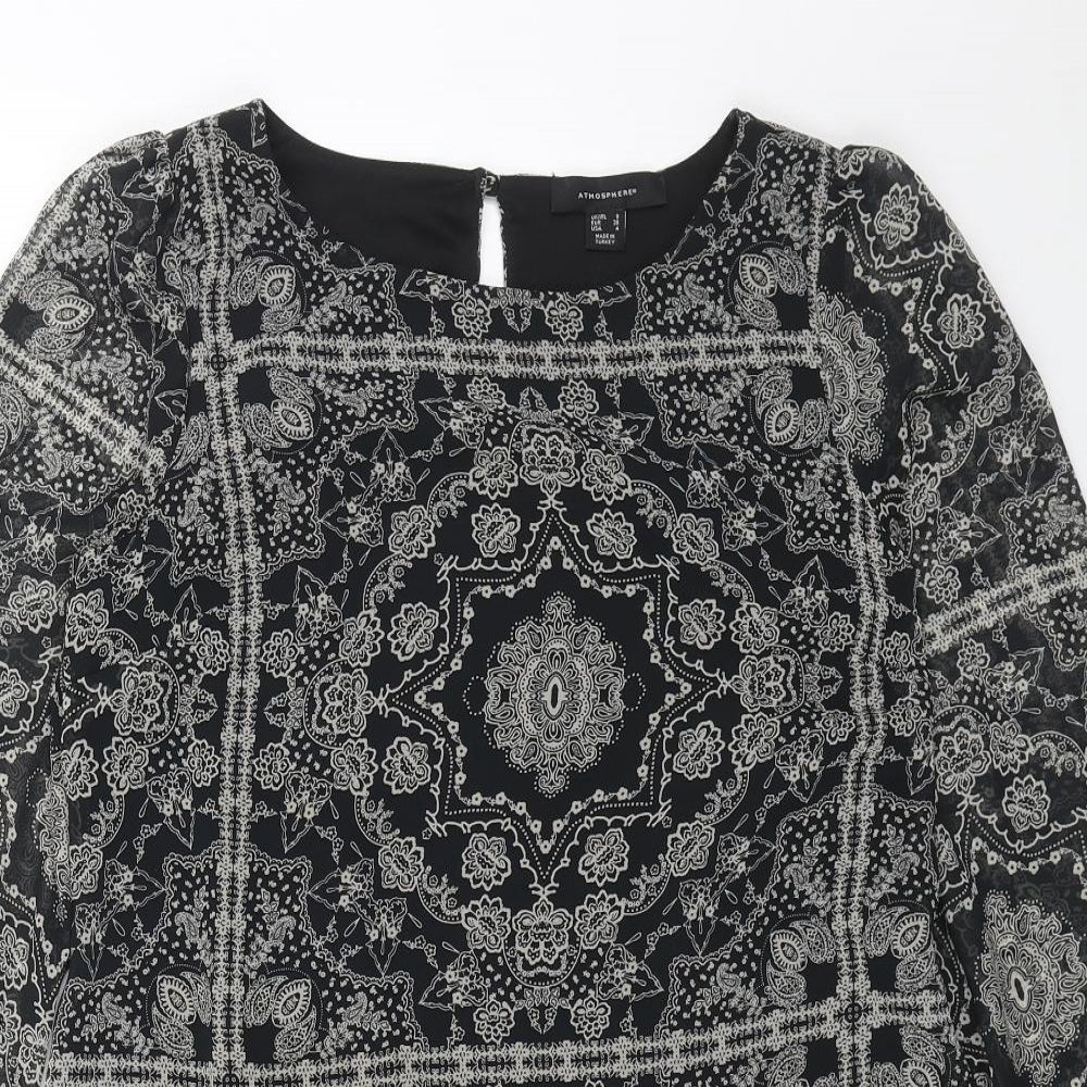 Primark Womens Black Geometric Polyester A-Line Size 8 Round Neck Button