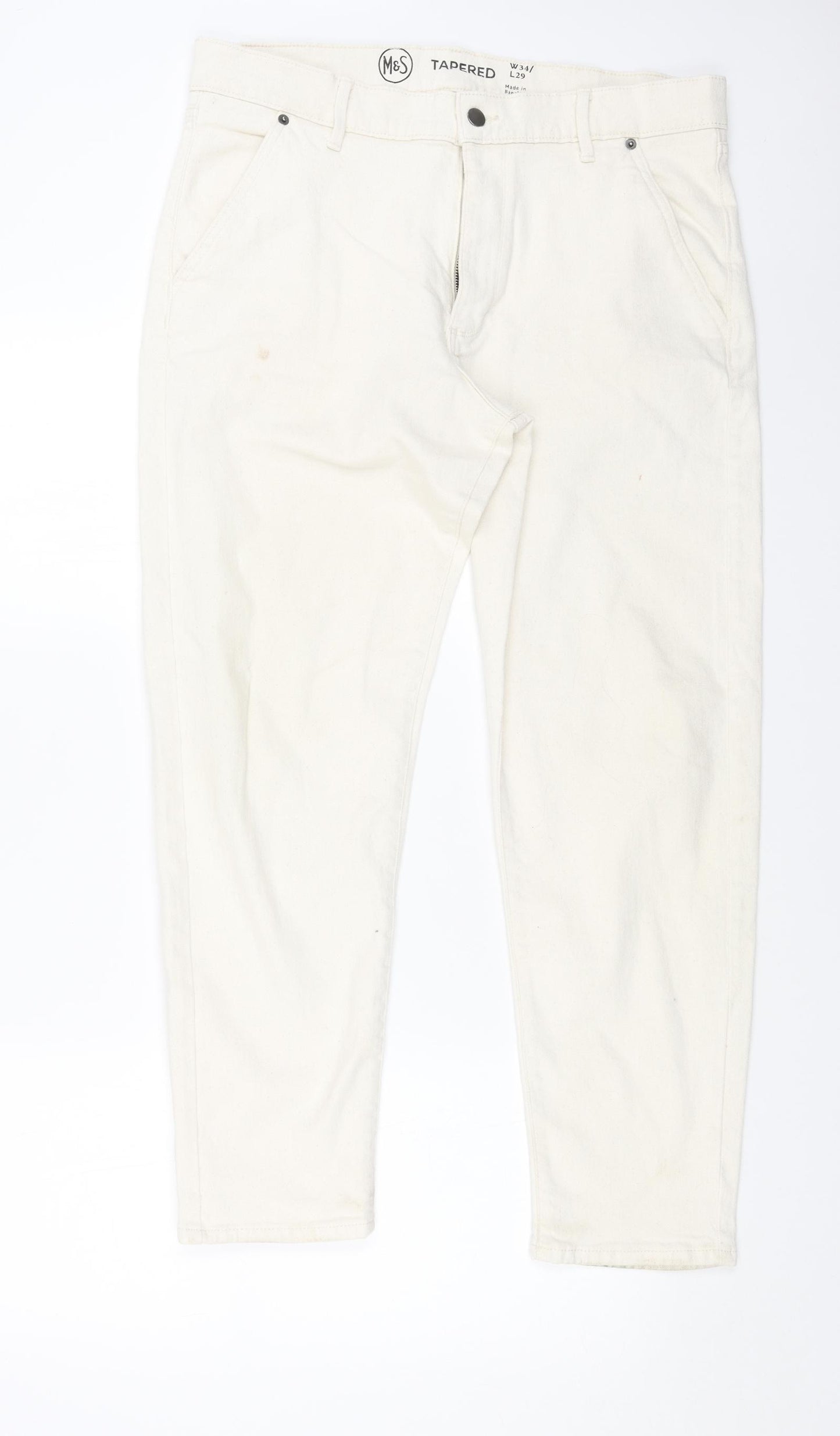 Marks and Spencer Womens White Cotton Tapered Jeans Size 34 in L29 in Regular Button