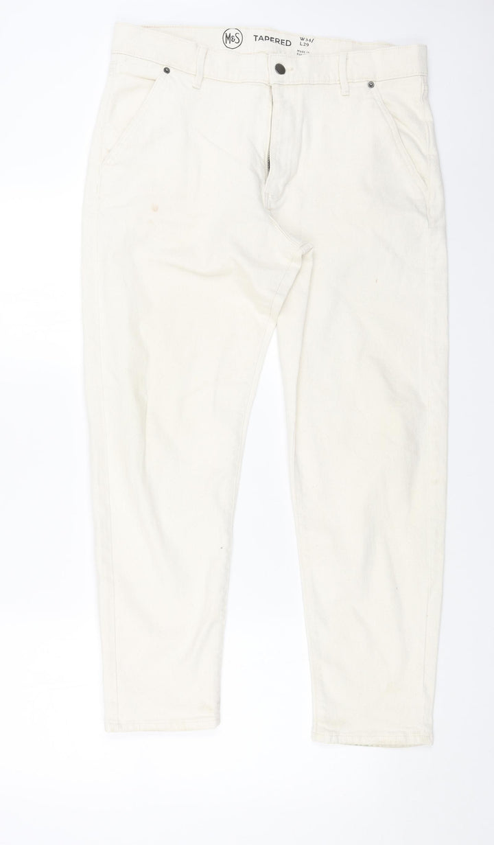 Marks and Spencer Womens White Cotton Tapered Jeans Size 34 in L29 in Regular Button