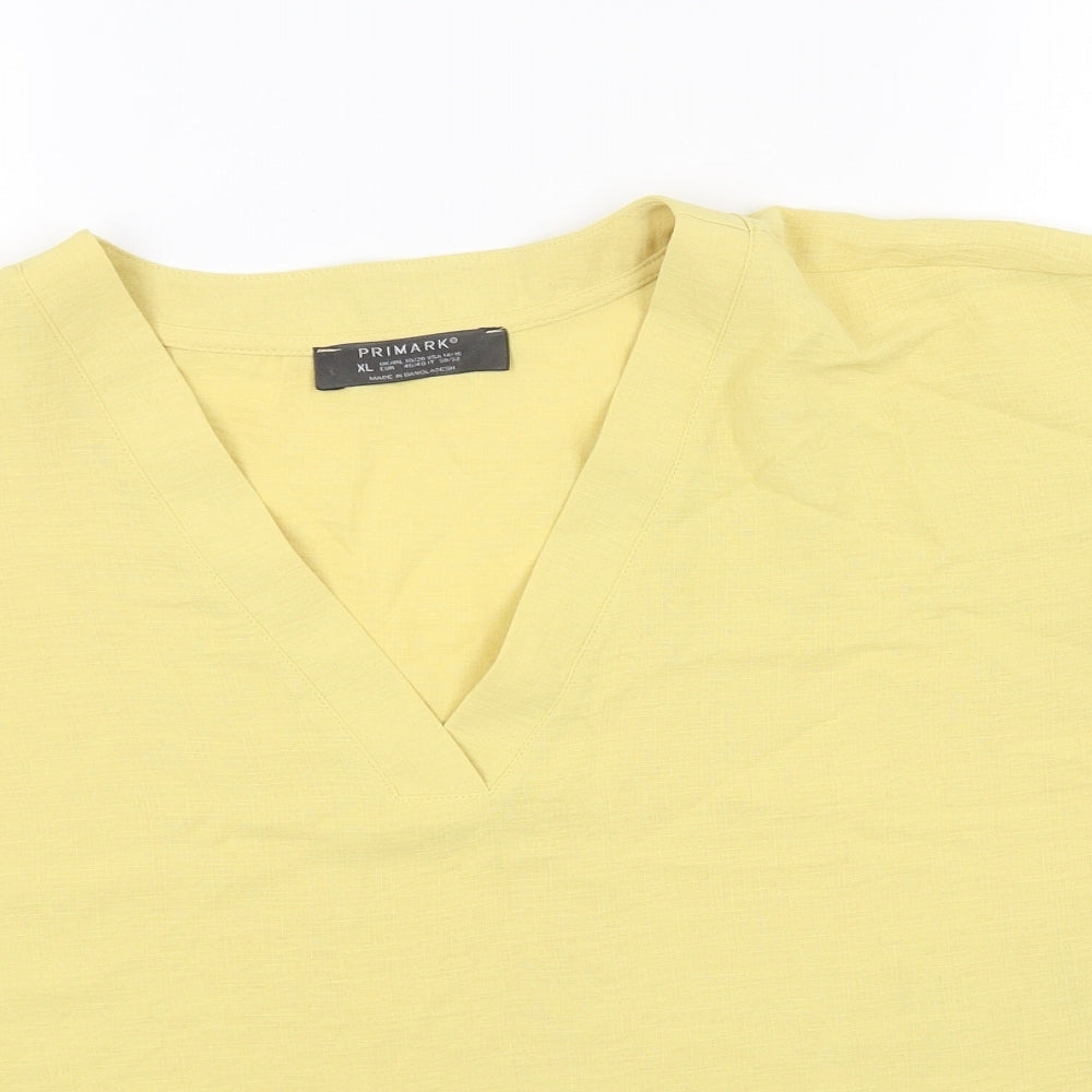 Primark Womens Yellow Polyester Cropped T-Shirt Size L V-Neck