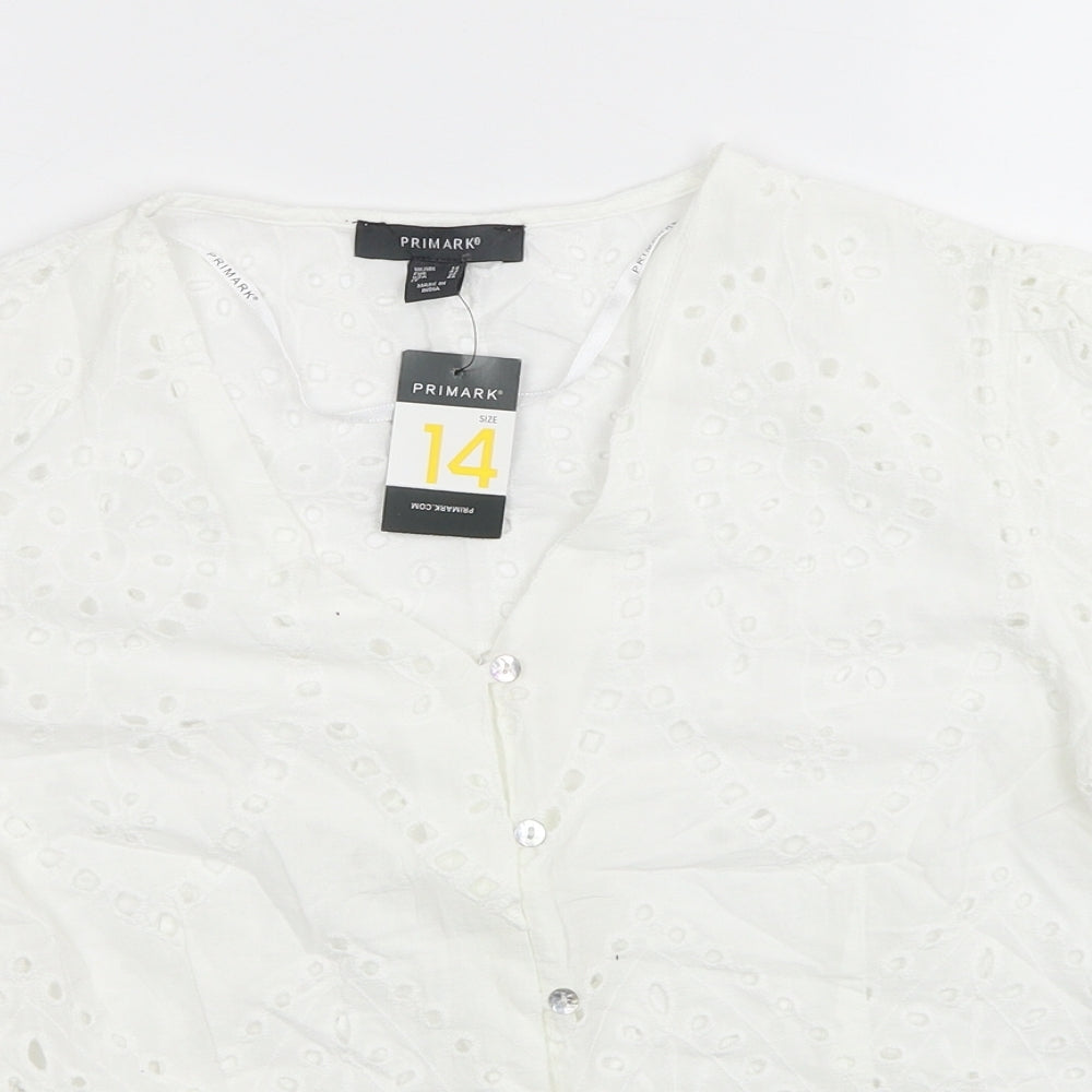 Primark Womens White Cotton Basic Blouse Size 14 V-Neck
