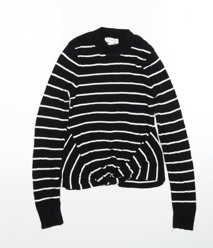 Topshop Womens Black Mock Neck Striped Viscose Pullover Jumper Size XS