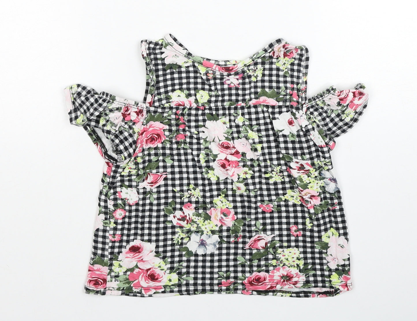 Matalan Girls Multicoloured Check Viscose Basic T-Shirt Size 4 Years Round Neck Pullover - Floral Detail Cold Shoulder