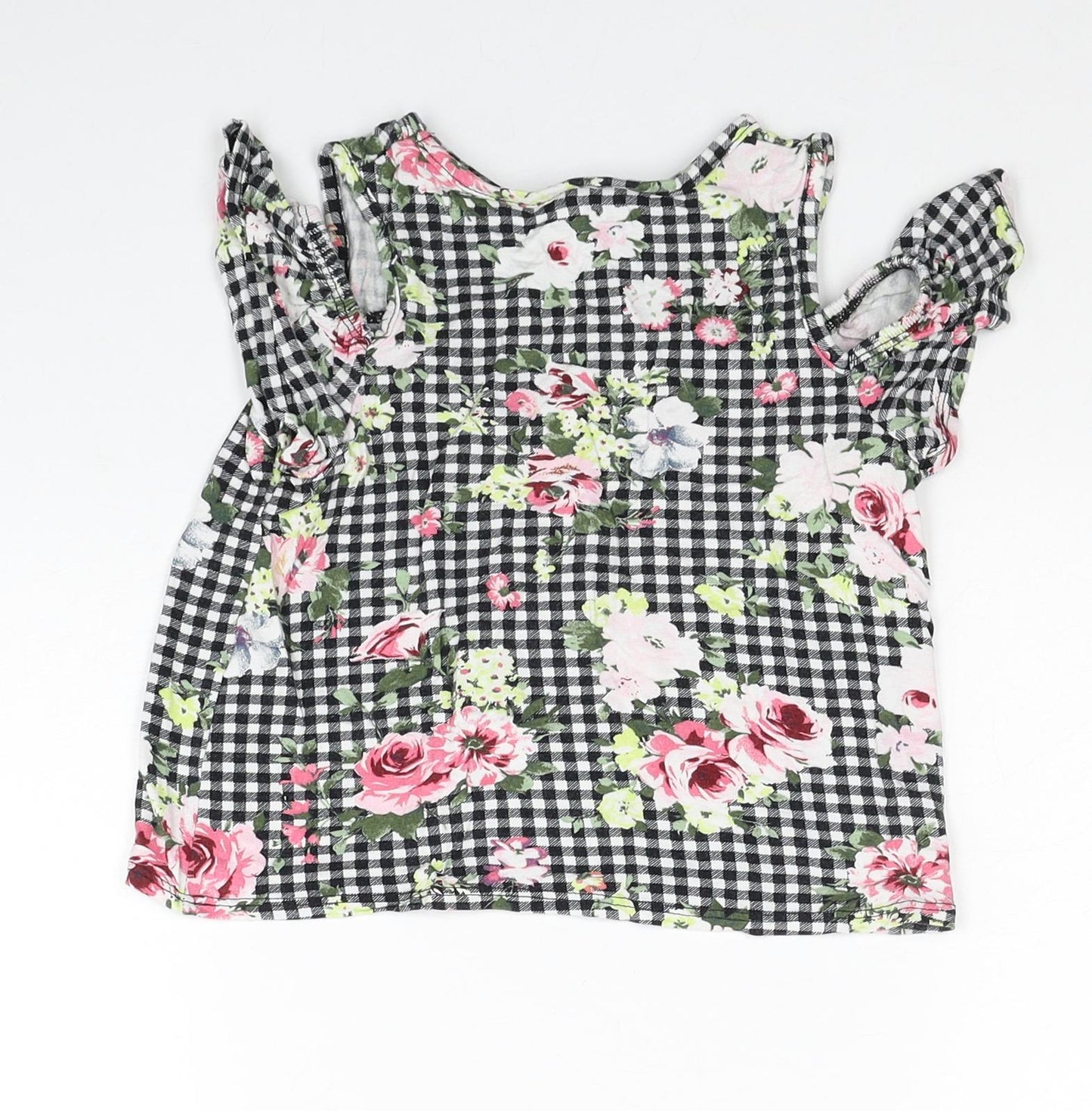 Matalan Girls Multicoloured Check Viscose Basic T-Shirt Size 4 Years Round Neck Pullover - Floral Detail Cold Shoulder