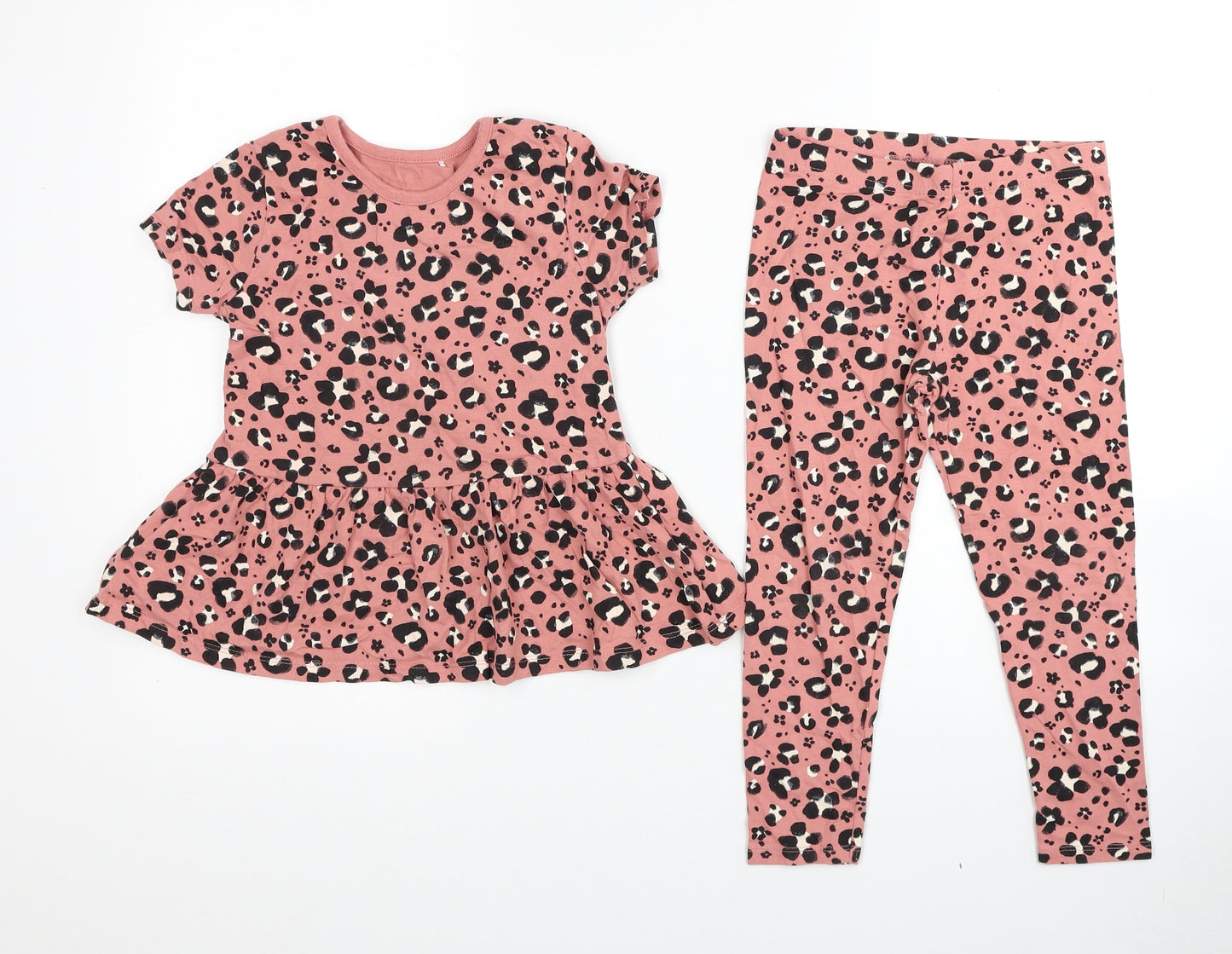 George Girls Pink Animal Print Cotton Basic T-Shirt Size 5-6 Years Round Neck Pullover - Leopard Print T-shirt & Legging Set