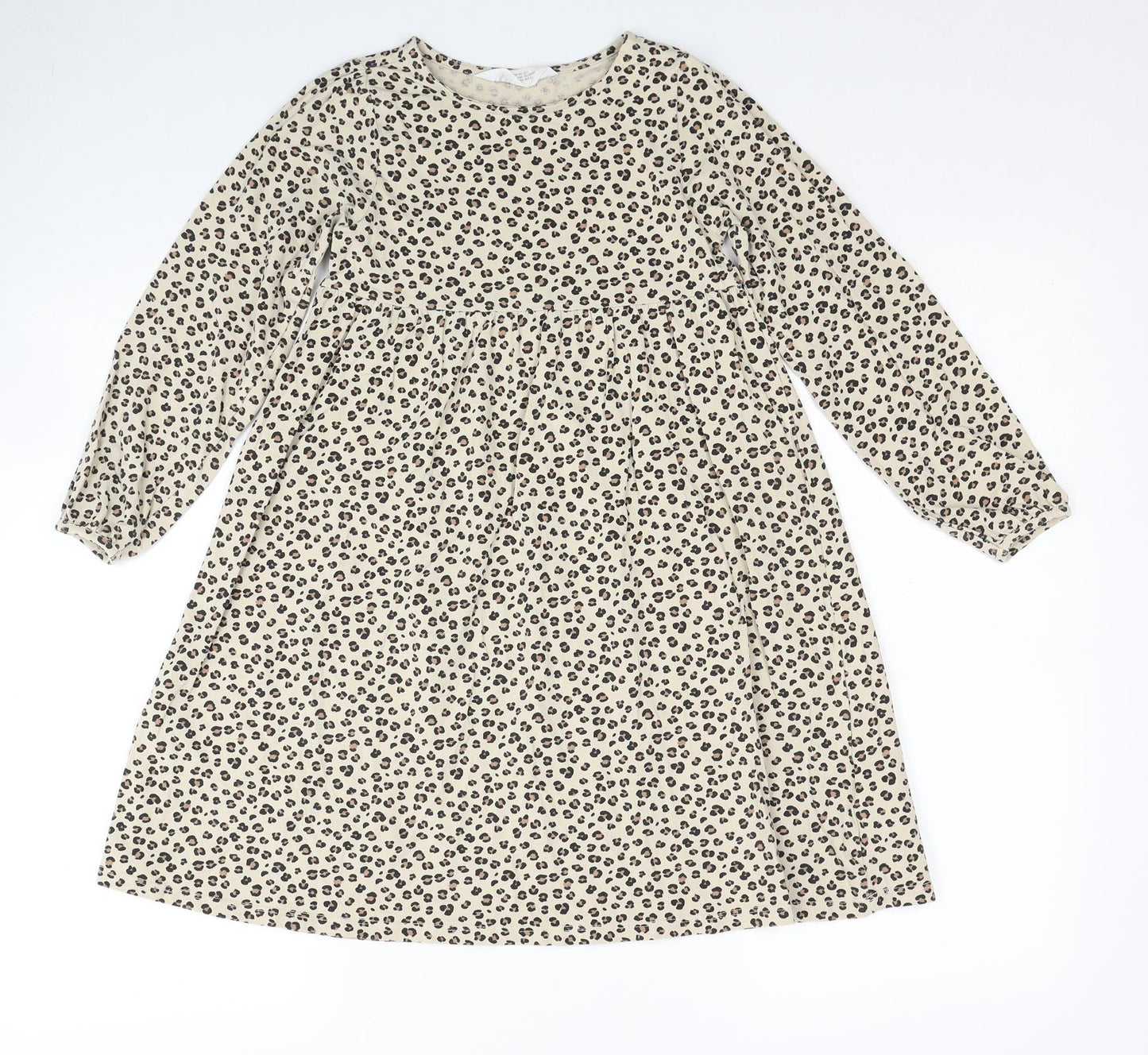 H&M Girls Beige Animal Print Cotton T-Shirt Dress Size 7-8 Years Round Neck Pullover