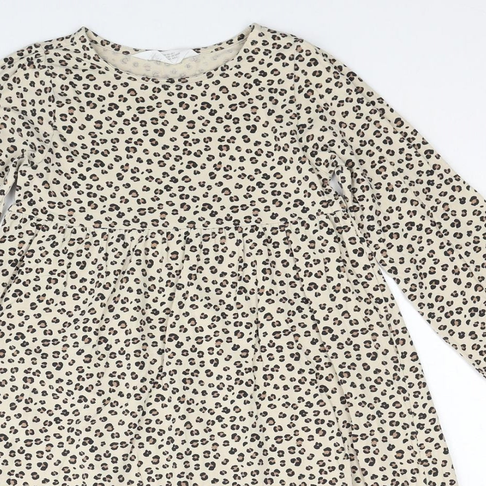 H&M Girls Beige Animal Print Cotton T-Shirt Dress Size 7-8 Years Round Neck Pullover
