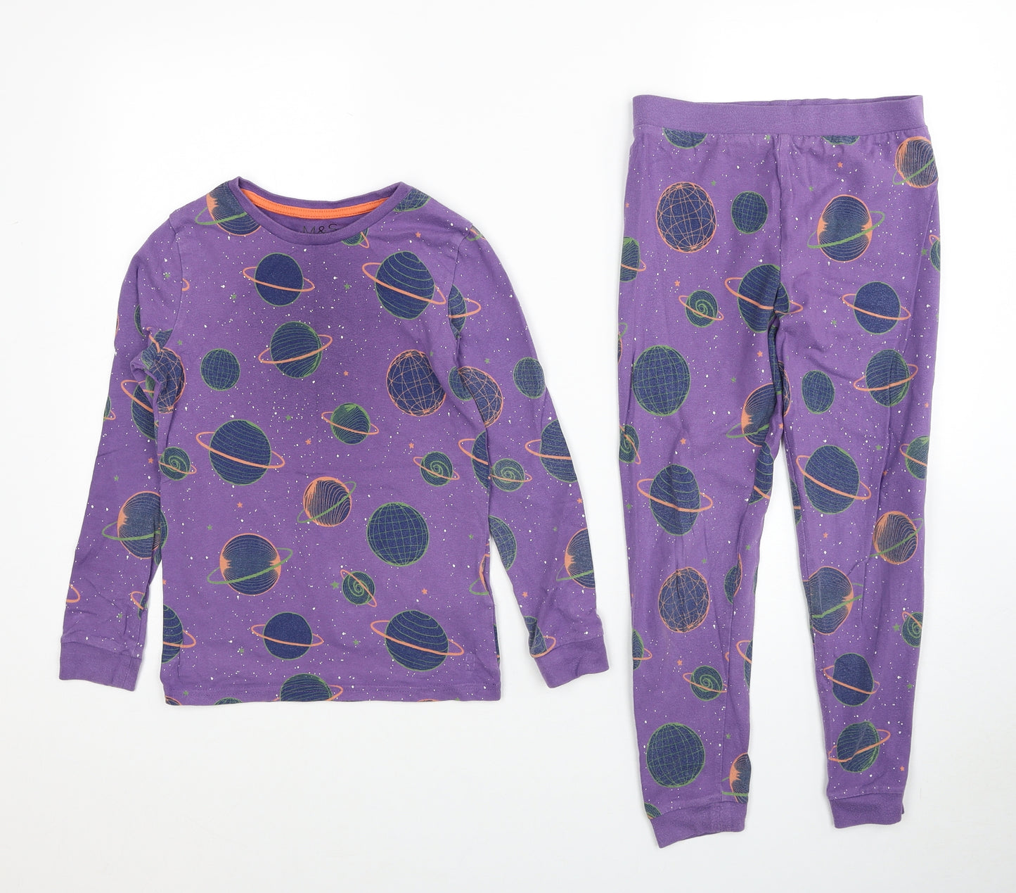 Marks and Spencer Girls Purple Geometric Cotton Top Pyjama Set Size 7-8 Years Pullover - Space Pattern