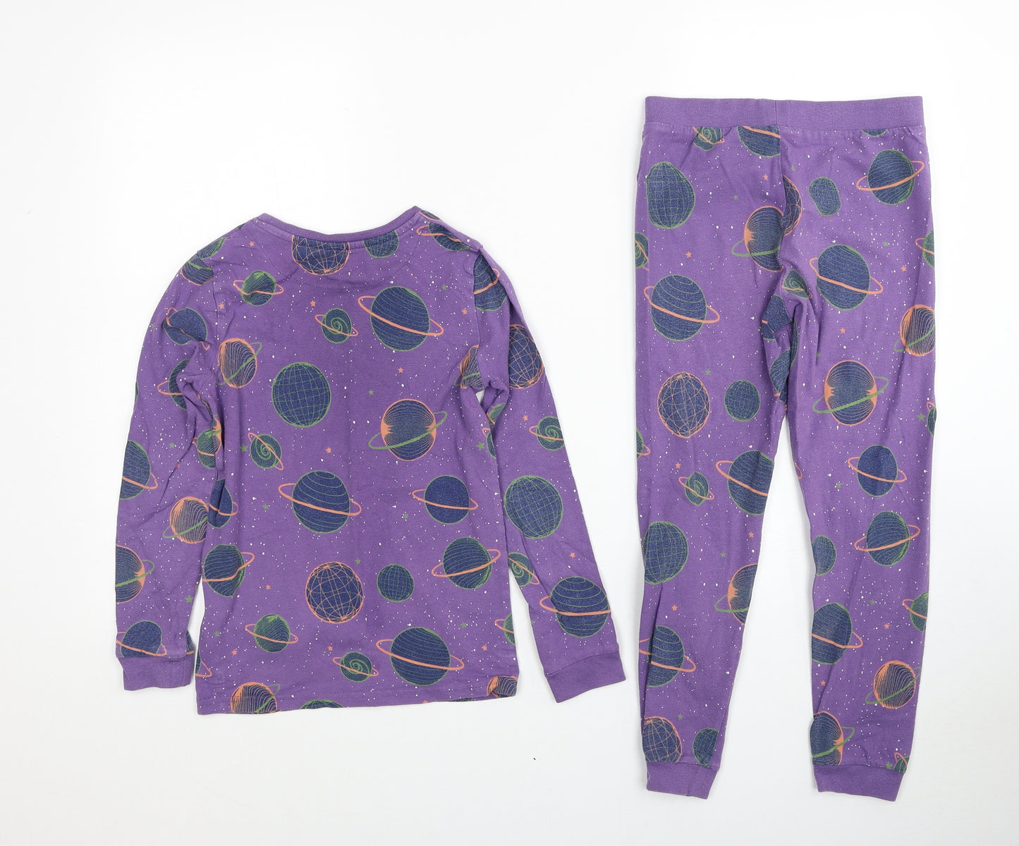 Marks and Spencer Girls Purple Geometric Cotton Top Pyjama Set Size 7-8 Years Pullover - Space Pattern