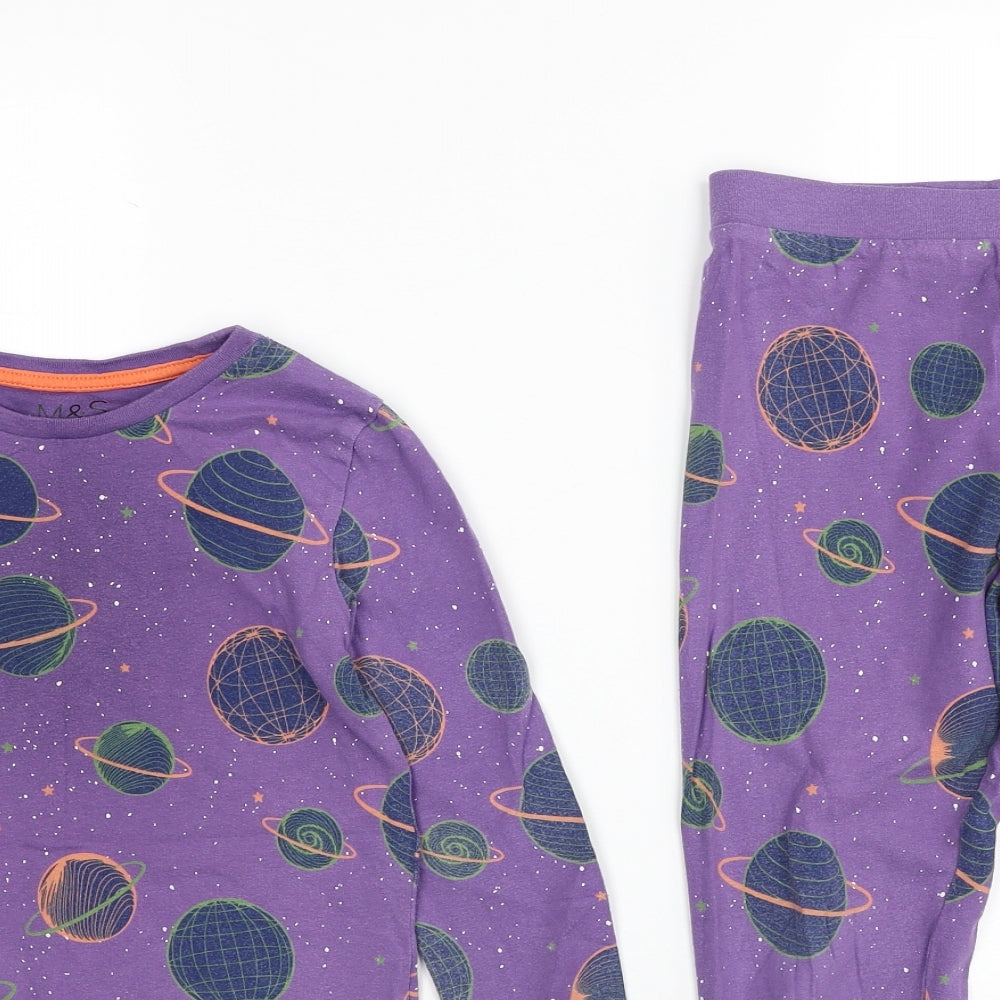 Marks and Spencer Girls Purple Geometric Cotton Top Pyjama Set Size 7-8 Years Pullover - Space Pattern