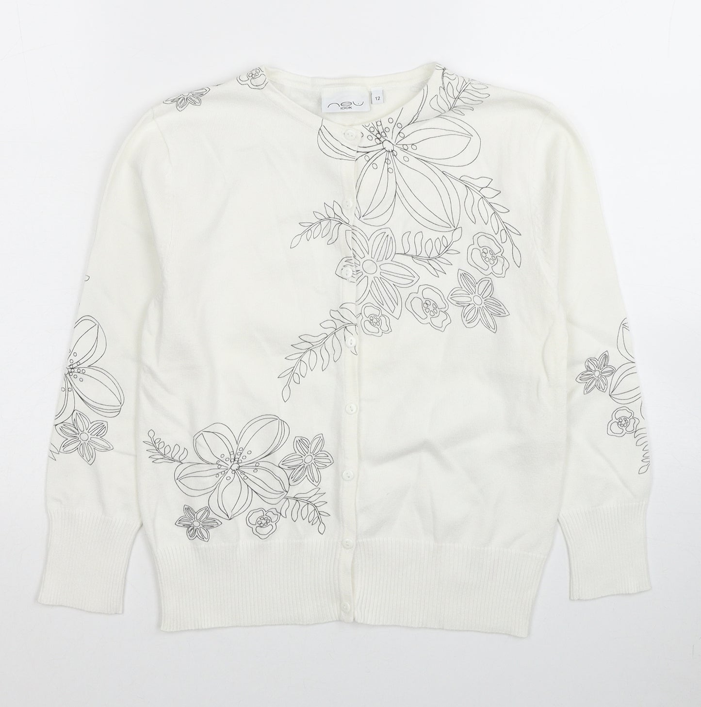 New Look Womens White Round Neck Cotton Cardigan Jumper Size 12 - Flower Detail
