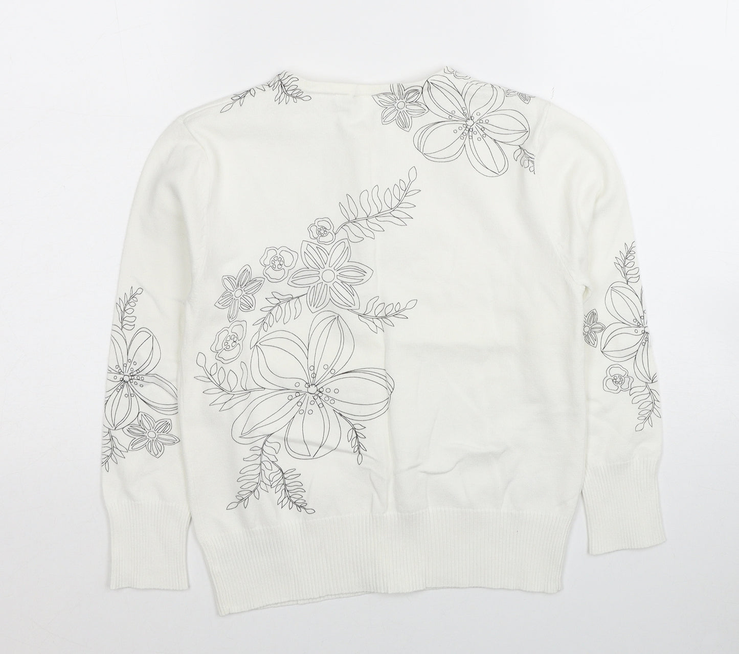 New Look Womens White Round Neck Cotton Cardigan Jumper Size 12 - Flower Detail