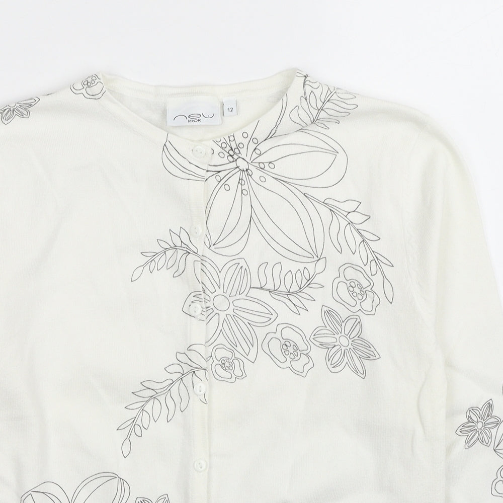 New Look Womens White Round Neck Cotton Cardigan Jumper Size 12 - Flower Detail