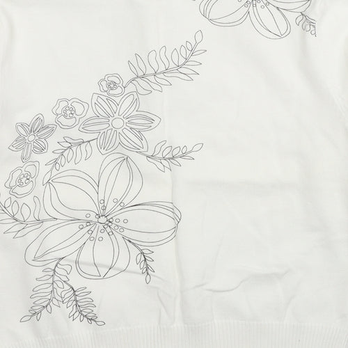 New Look Womens White Round Neck Cotton Cardigan Jumper Size 12 - Flower Detail