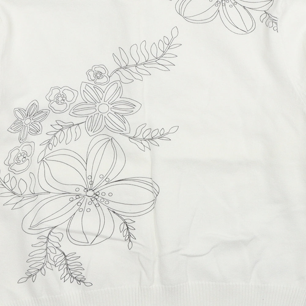 New Look Womens White Round Neck Cotton Cardigan Jumper Size 12 - Flower Detail