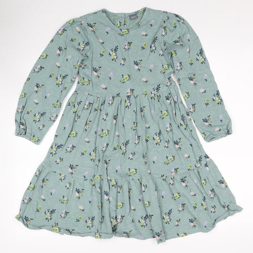 NEXT Girls Green Floral Cotton A-Line Size 6-7 Years Round Neck Button