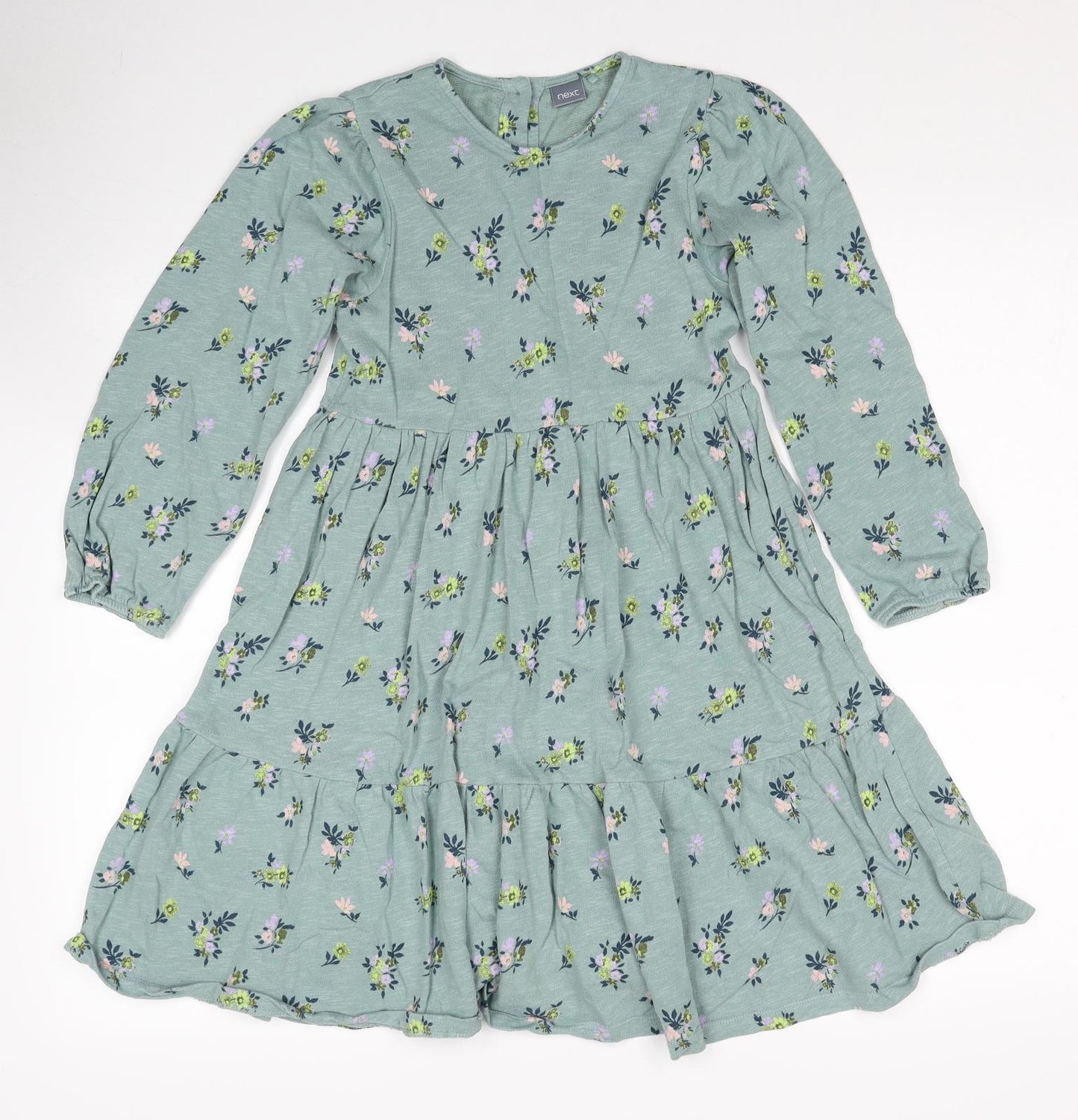 NEXT Girls Green Floral Cotton A-Line Size 6-7 Years Round Neck Button