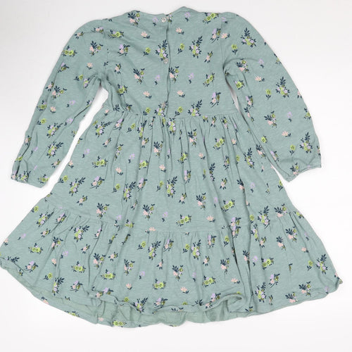 NEXT Girls Green Floral Cotton A-Line Size 6-7 Years Round Neck Button