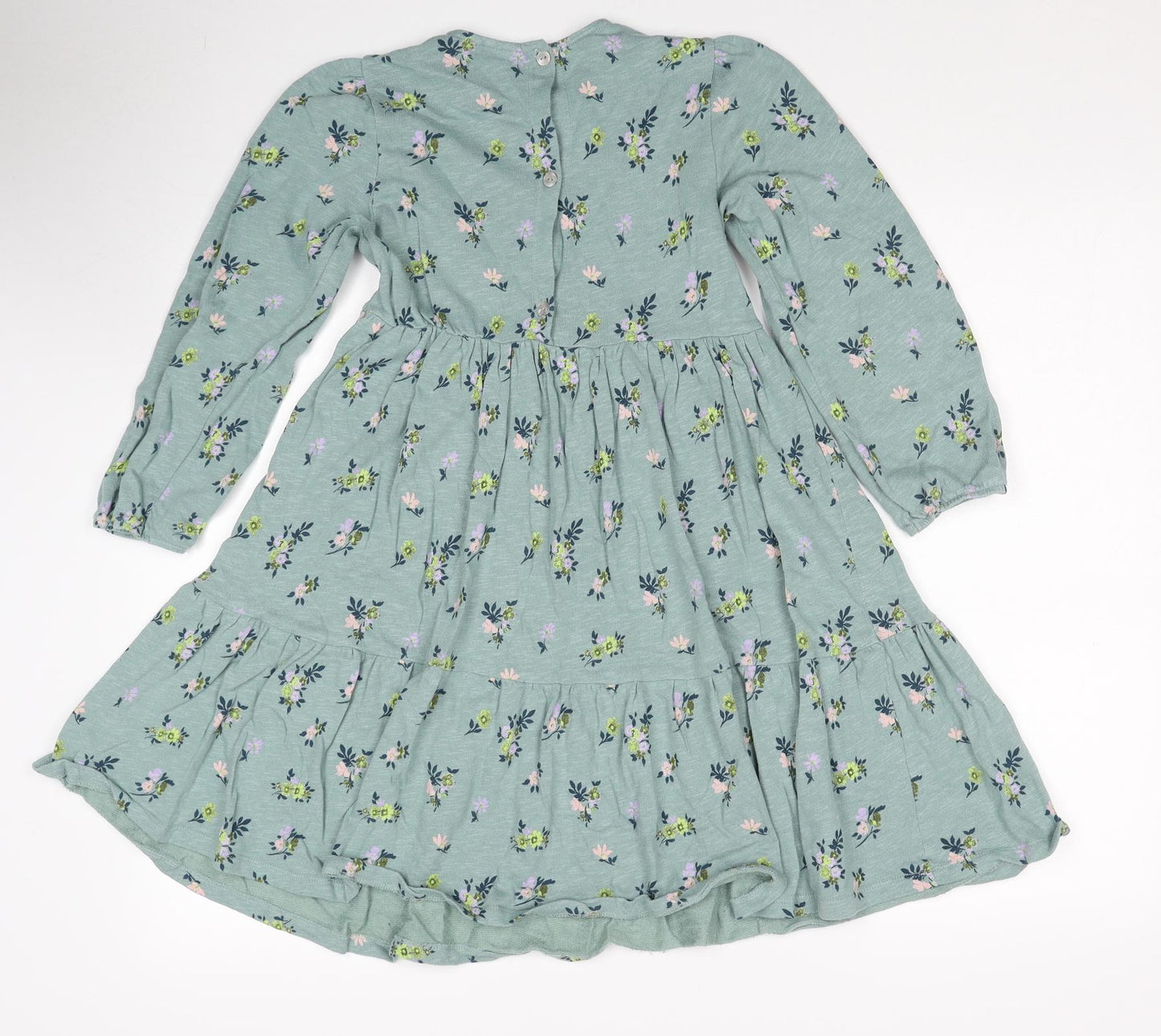 NEXT Girls Green Floral Cotton A-Line Size 6-7 Years Round Neck Button