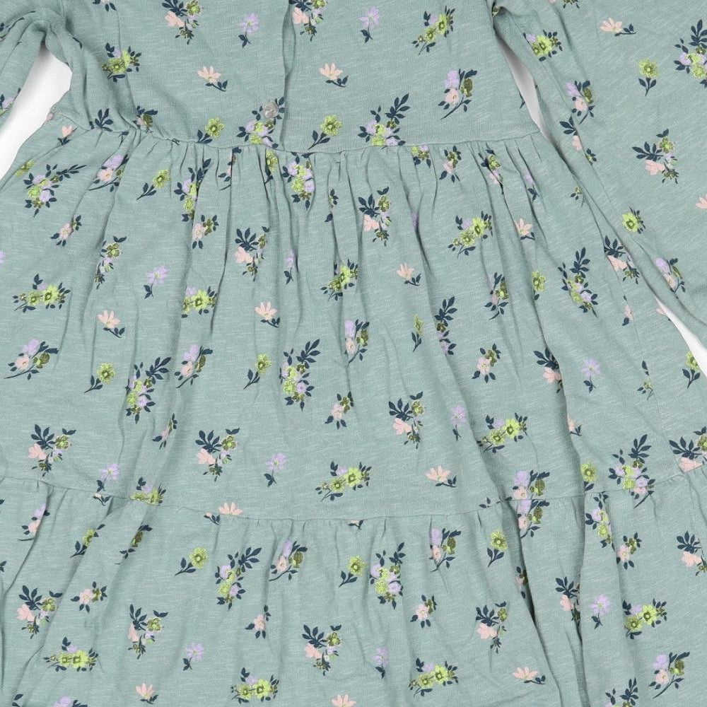 NEXT Girls Green Floral Cotton A-Line Size 6-7 Years Round Neck Button