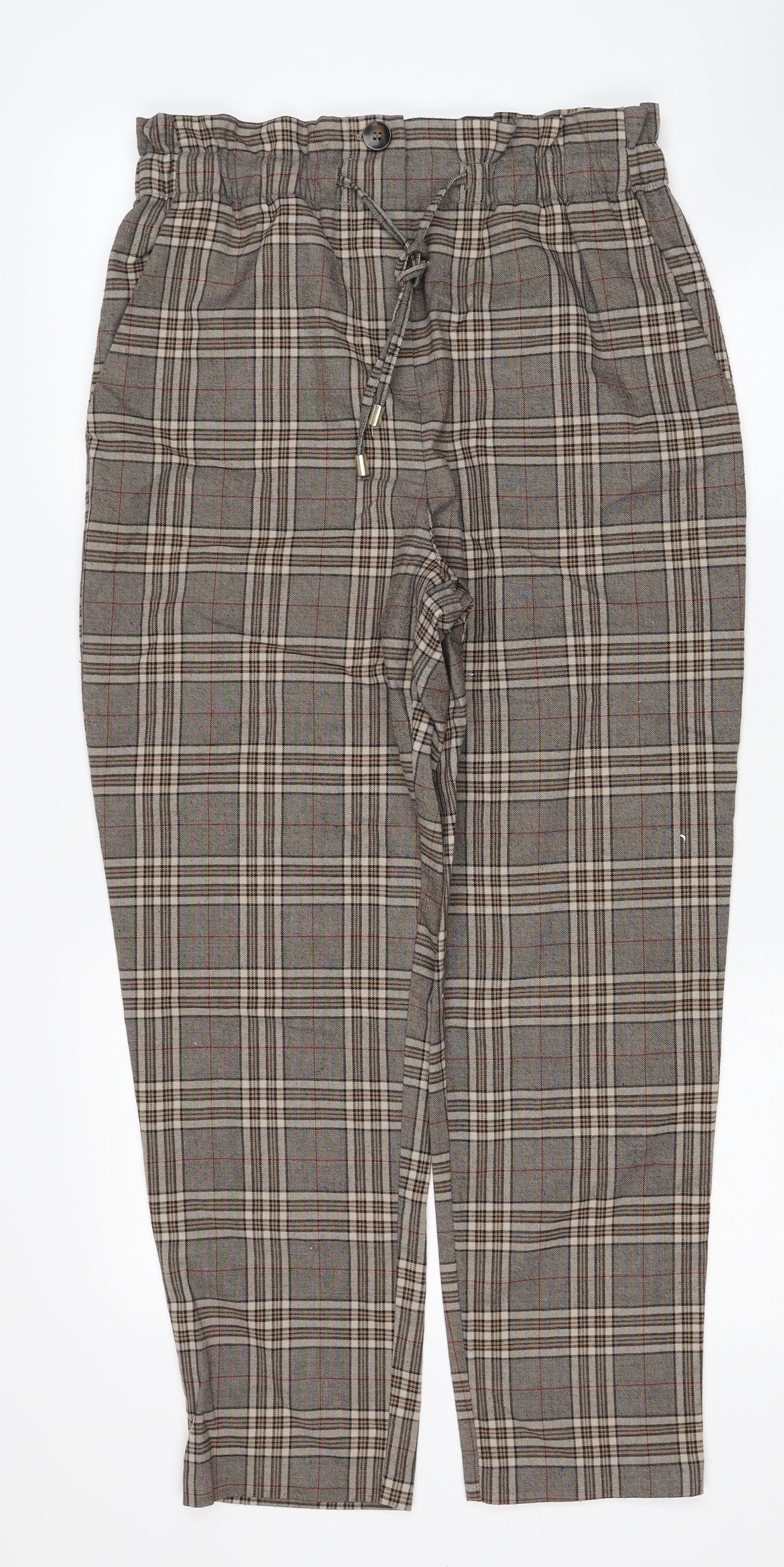 F&F Womens Beige Plaid Polyester Trousers Size 12 Regular Zip