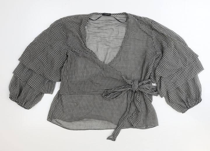 River Island Womens Black Check Polyester Wrap Blouse Size 10 V-Neck