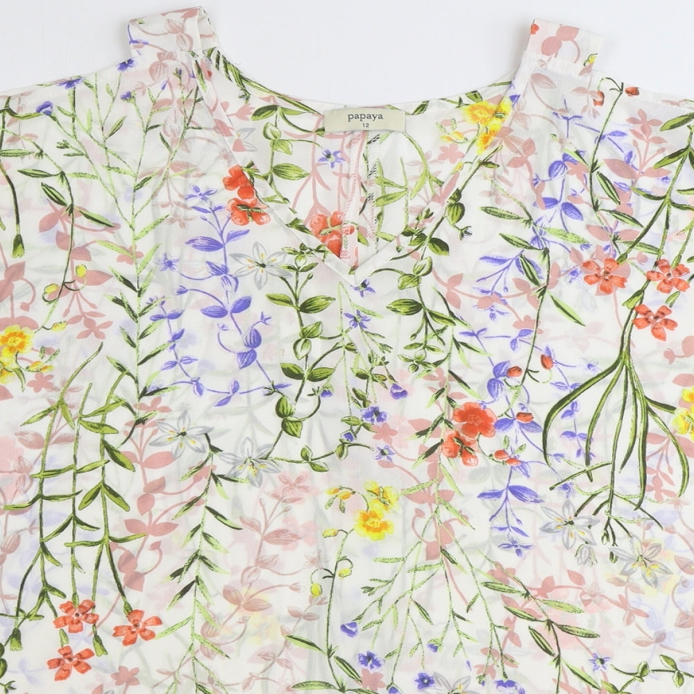 Papaya Womens Ivory Floral Polyester Basic Blouse Size 12 V-Neck