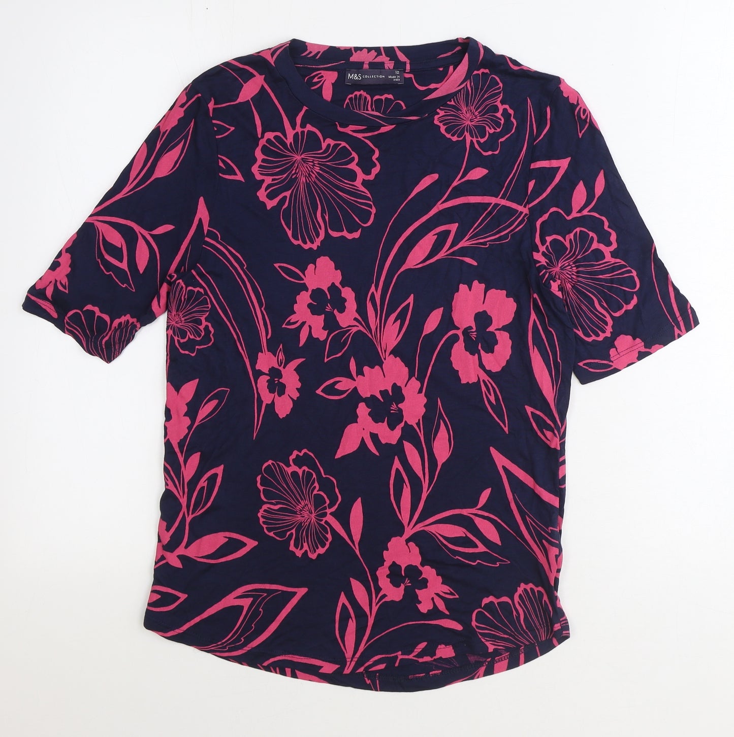 Marks and Spencer Womens Blue Floral Viscose Basic T-Shirt Size 12 Round Neck