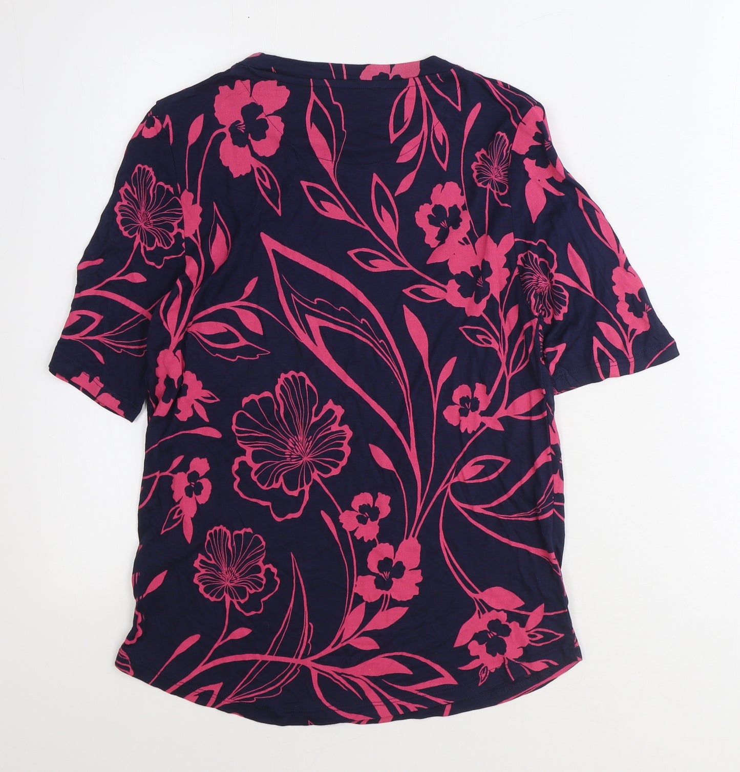 Marks and Spencer Womens Blue Floral Viscose Basic T-Shirt Size 12 Round Neck