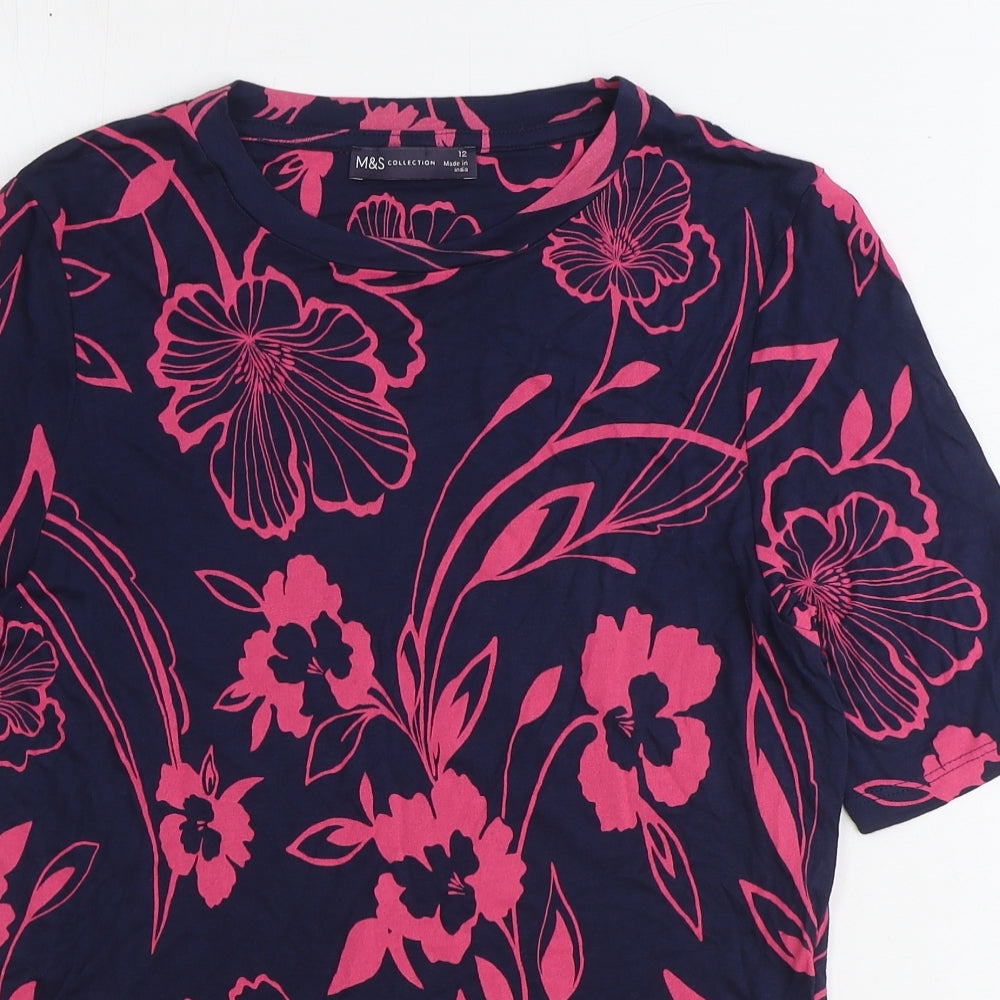Marks and Spencer Womens Blue Floral Viscose Basic T-Shirt Size 12 Round Neck