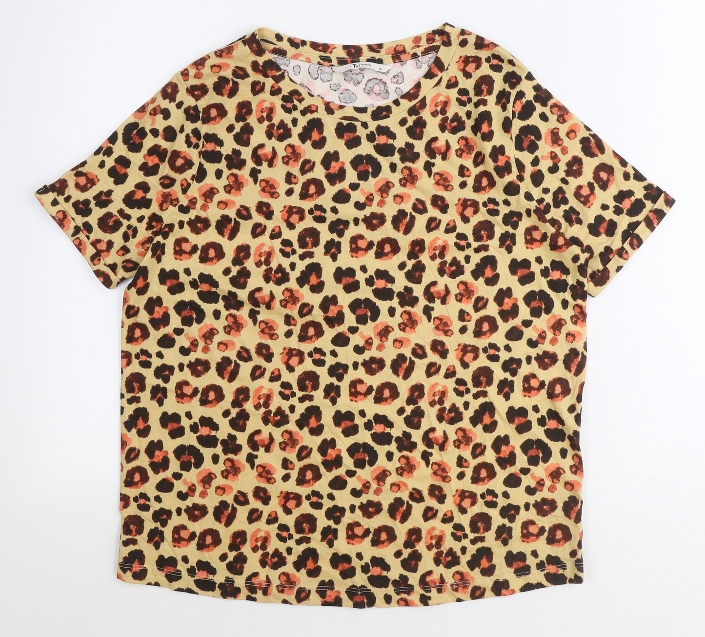 TU Womens Beige Animal Print 100% Cotton Basic T-Shirt Size 12 Round Neck - Leopard Print