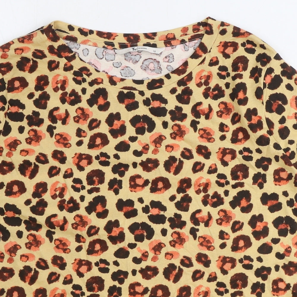 TU Womens Beige Animal Print 100% Cotton Basic T-Shirt Size 12 Round Neck - Leopard Print