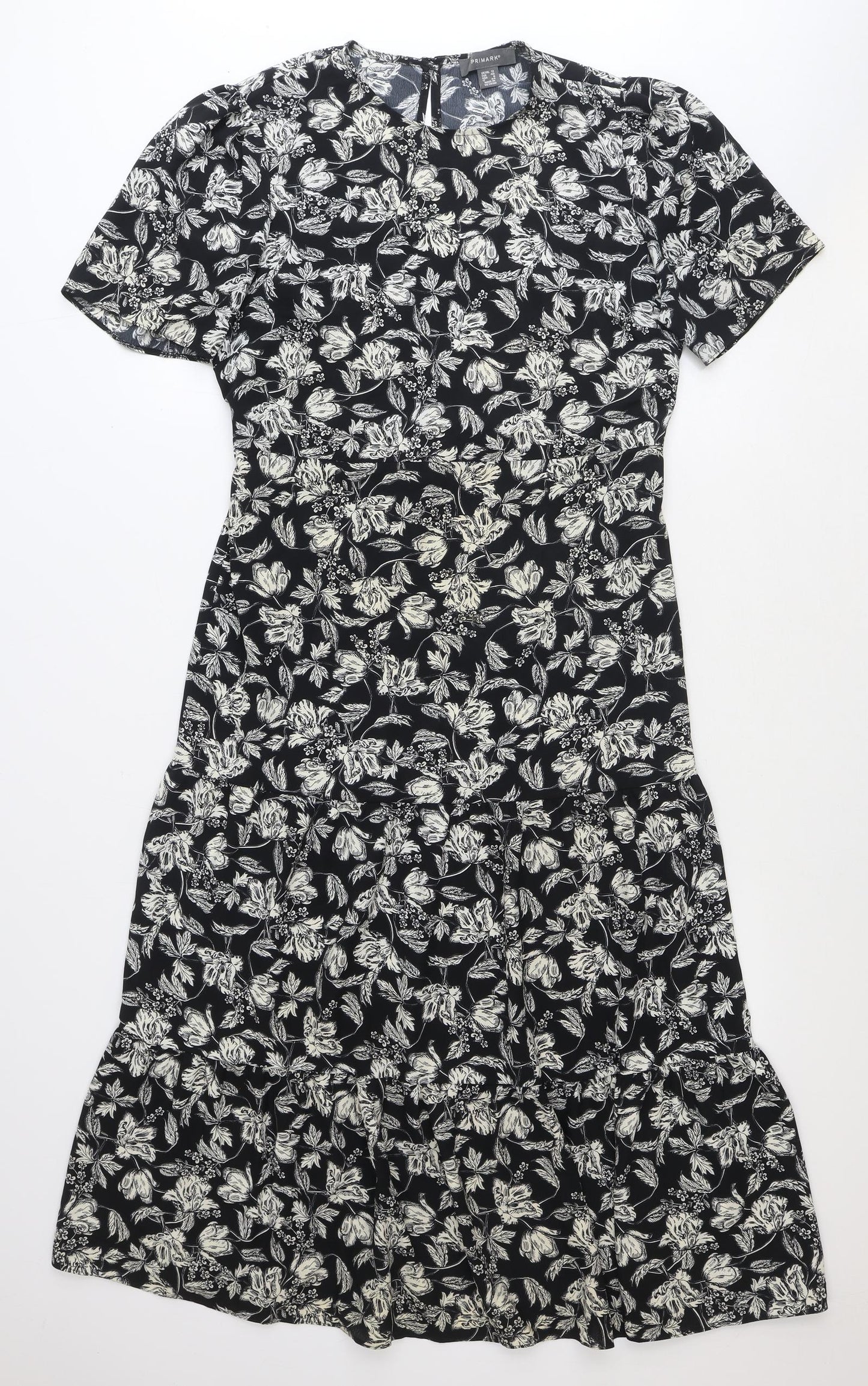 Primark Womens Black Floral Polyester Fit & Flare Size 12 Round Neck Button