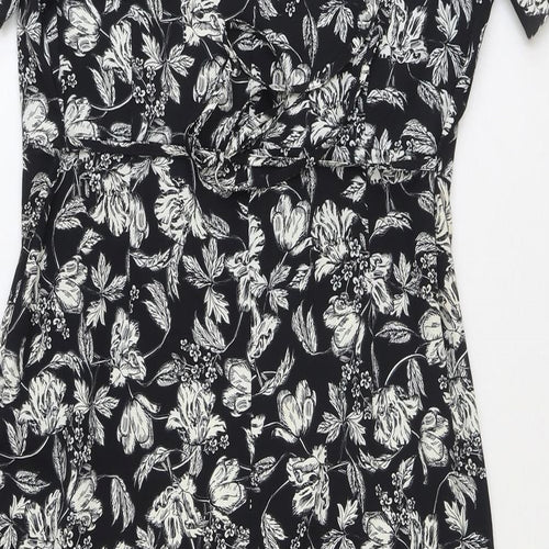 Primark Womens Black Floral Polyester Fit & Flare Size 12 Round Neck Button